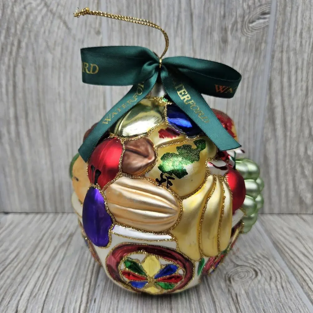 Waterford Glass Ornament Fruit Bowl Hand Painted Holiday Decor Ribbon 5 Inch Art